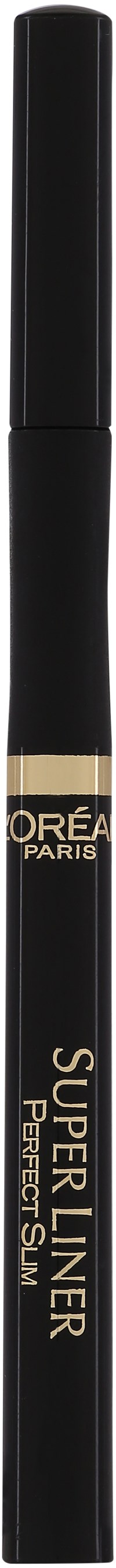 A black cosmetic pen with gold accents, labeled 'Super Liner Perfect Slim' by L'Oreal Paris.