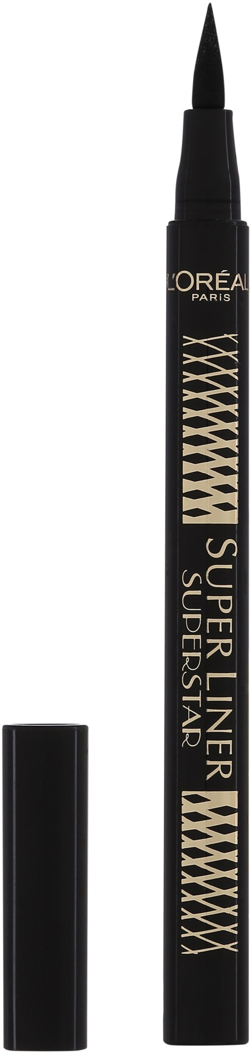 Czarna kredka do oczu z złotym i beżowym wzorem, oznaczona 'L'Oreal Paris Super Liner Super Star,' z nakrętką.
