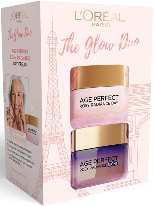L'Oreal The Glow Duo-box innehåller två krukor av hudvårdscreme, en rosa märkt Age Perfect Rosy Radiance Day och en lila märkt Night.