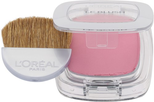 En rosa rouge i ett genomskinligt fodral med en borste märkt 'L'Oréal Paris' bredvid den.