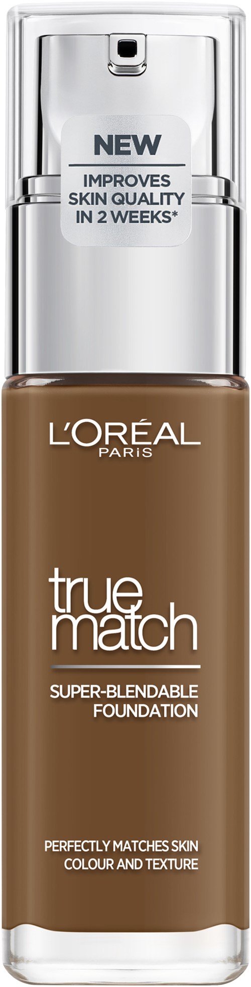 Butelka podkładu z pompką, oznaczona 'L'Oréal True Match,' twierdzi, że poprawia stan skóry w dwa tygodnie.