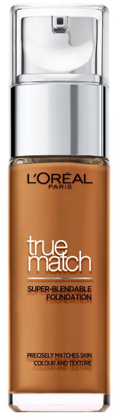Opisuje butelkę podkładu z napisem 'L'Oréal Paris True Match Super-Blendable Foundation' z pompką i przezroczystą nakrętką.