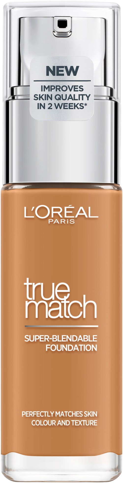 A foundation bottle from L'Oréal Paris, promoting skin match and texture, with a new formula for better skin quality.