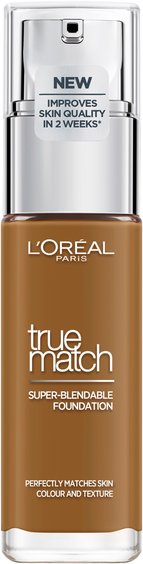 Butelka podkładu od L'Oréal Paris, oznaczona 'true match', twierdzi, że dopasowuje się do koloru skóry i poprawia jej jakość.