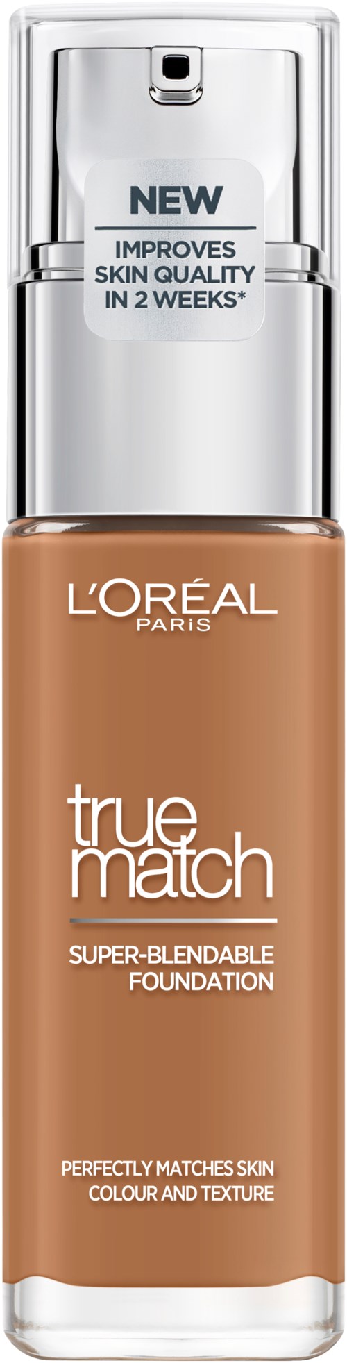 butelka podkładu L'Oréal True Match z pompką, oznaczona poprawą jakości skóry w dwa tygodnie.