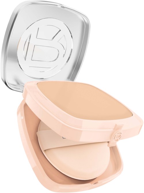 A compact, light pink makeup sponge in a pink case with a clear lid.