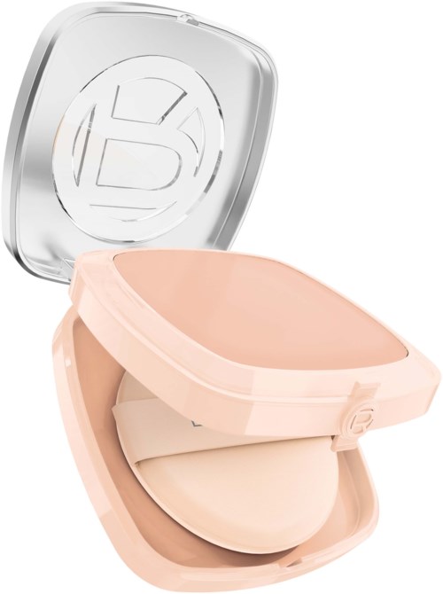 A compact powder container with a light pink color and a mirror inside the lid.