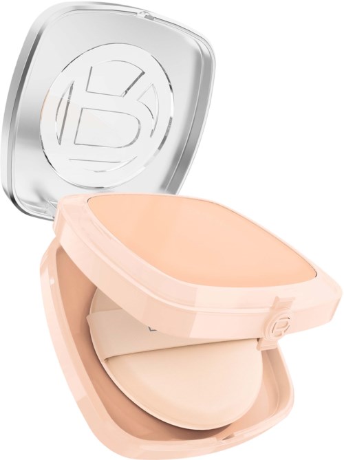 A compact case with blush color and a mirror inside, open to show the makeup product.