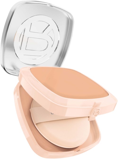 A compact beige makeup or powder case with an open lid, revealing a powder puff inside.