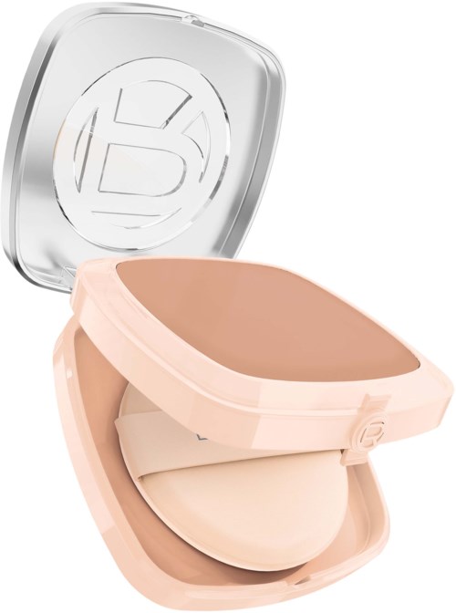 A blush-colored compact with a mirror inside, containing a pressed powder or blush.