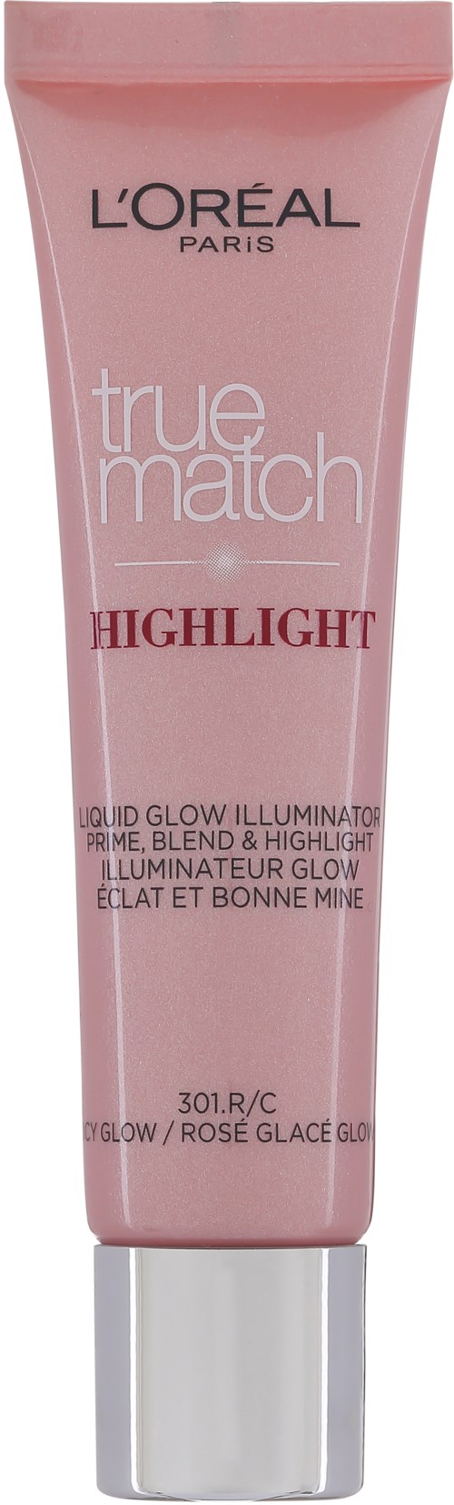 Ljusrosa tub märkta 'L'Oreal True Match Highlight' med text om att lysande och rouge.