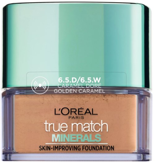 L'Oréal foundationflaska, nyanser 6.5 D och W, heter 'True Match Minerals,' hudförbättrande, med en mintgrön lock.