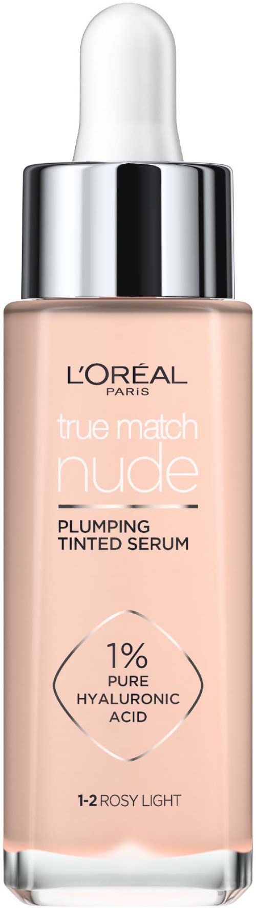 Eine Flasche L'Oreal True Match Nude Plumping Tinted Serum mit Tropfer, in hellbeiger Farbe.