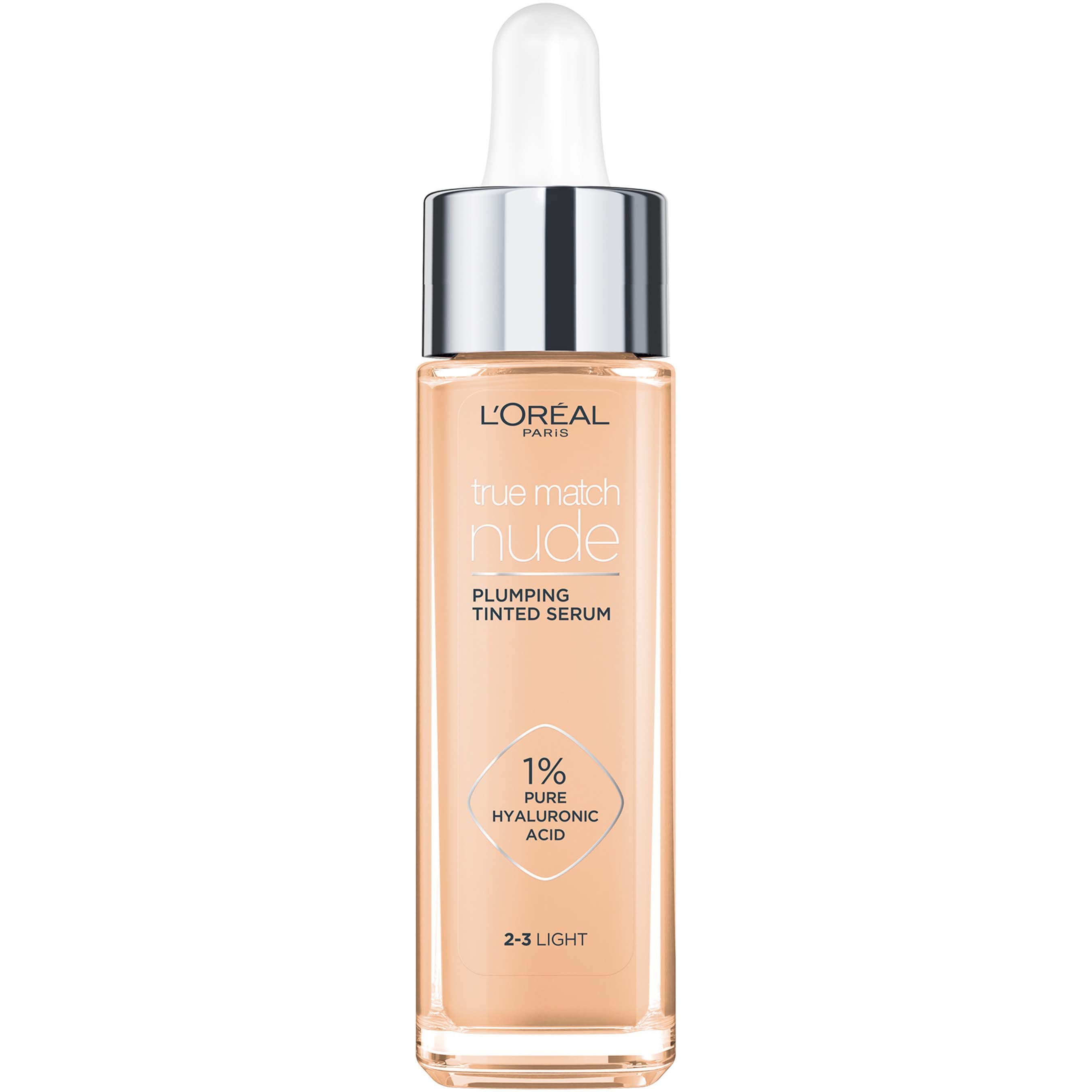 Loreal Paris True Match Nude Plumping Tinted Serum Foundation, 1% Hyaluronic Acid 2-3 Light