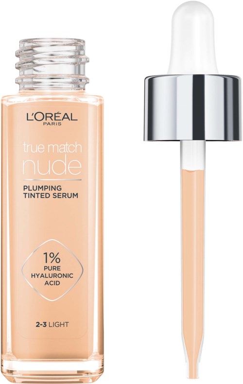 En flaske med serum og pipette, mærket L'Oréal og 1% rent hyaluronsyre.