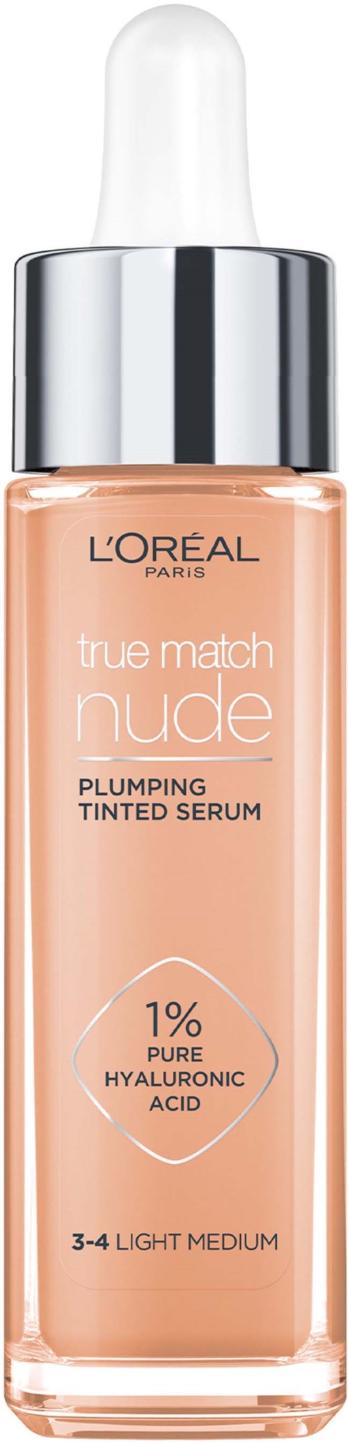Loreal Paris True Match Nude Plumping Tinted Serum Foundation, 1% Hyaluronic Acid 3-4 Light - Medium