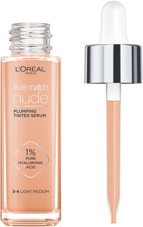 Eine Flasche Hautpflegeserum mit Pipette, beschriftet L'OREAL True Match Nude Plumping Tinted Serum.