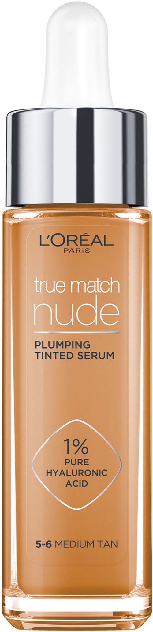 Loreal Paris True Match Nude Plumping Tinted Serum Foundation, 1% Hyaluronic Acid 5-6 Medium - Tan