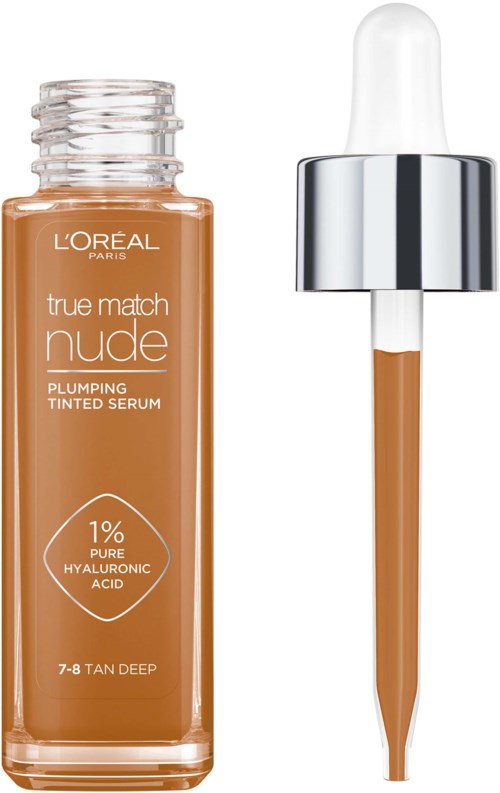 Eine Flasche Gesichtssserum mit Pipette, beschriftet L'Oréal True Match Nude Plumping Tinted Serum.