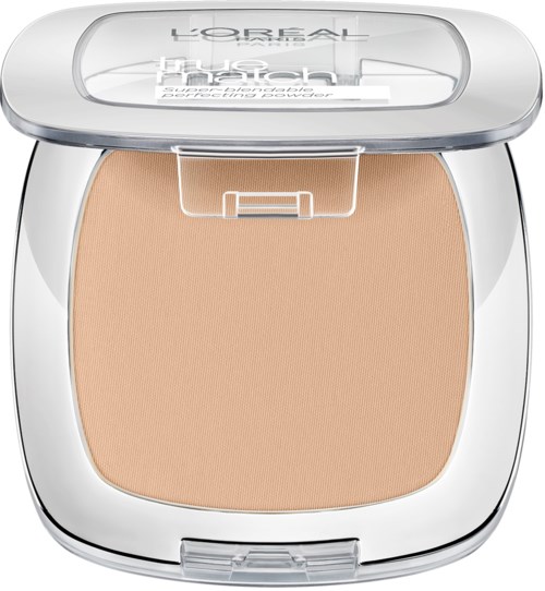 A compact of beige pressed powder with a clear plastic lid and silver frame, labeled L'Oreal and True Match Super-Blendable.