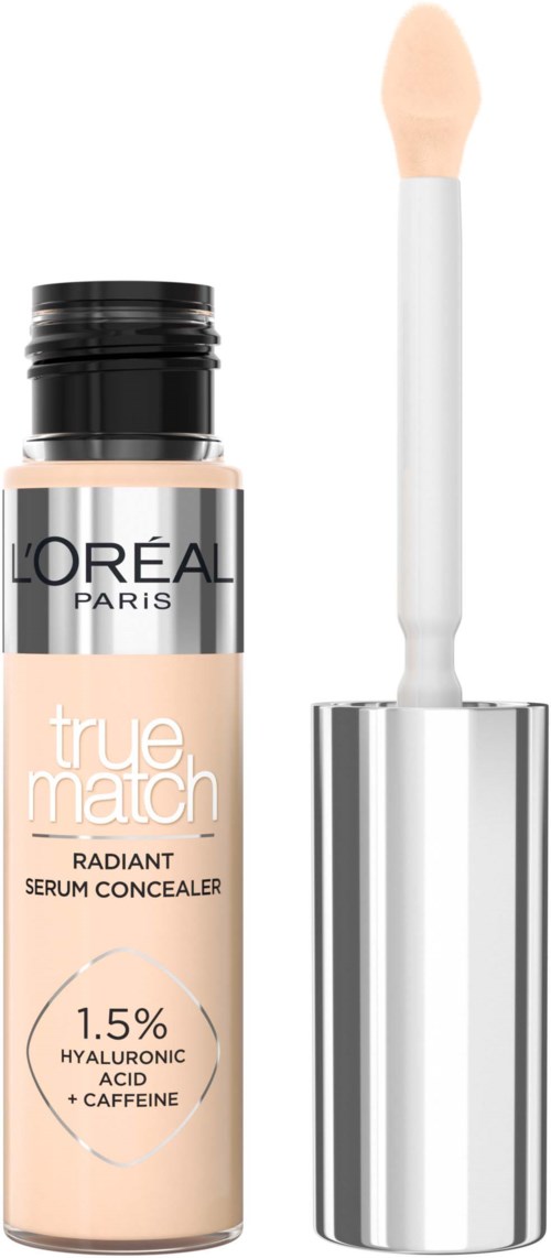 Ein Schminkprodukt mit Applikator, beschriftet L'Oréal True Match Radiant Serum Concealer, enthält Hyaluronsäure und Koffein.