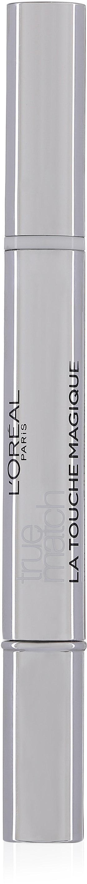 En lang, sølvfarget kosmetisk stick med svart tekst, merket "La Touche Magique" av L'Oreal.