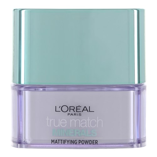 En kompakt behållare med L'Oréal True Match Minerals mattande puder, med mintgrönt lock och klar kropp.