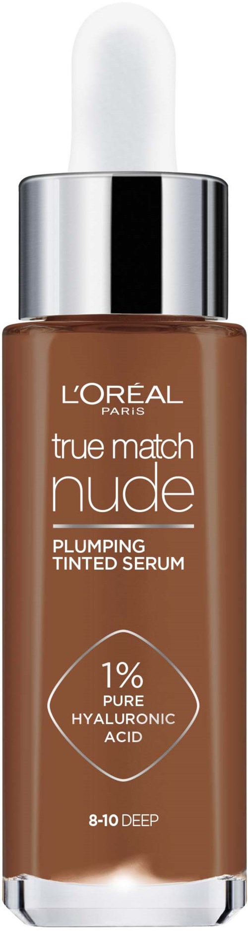 Sävyttömän L'Oreal True Match Nude -seerumin ruskea pullo tiputulpilla. Se sisältää 1% hyaluronihappoa.