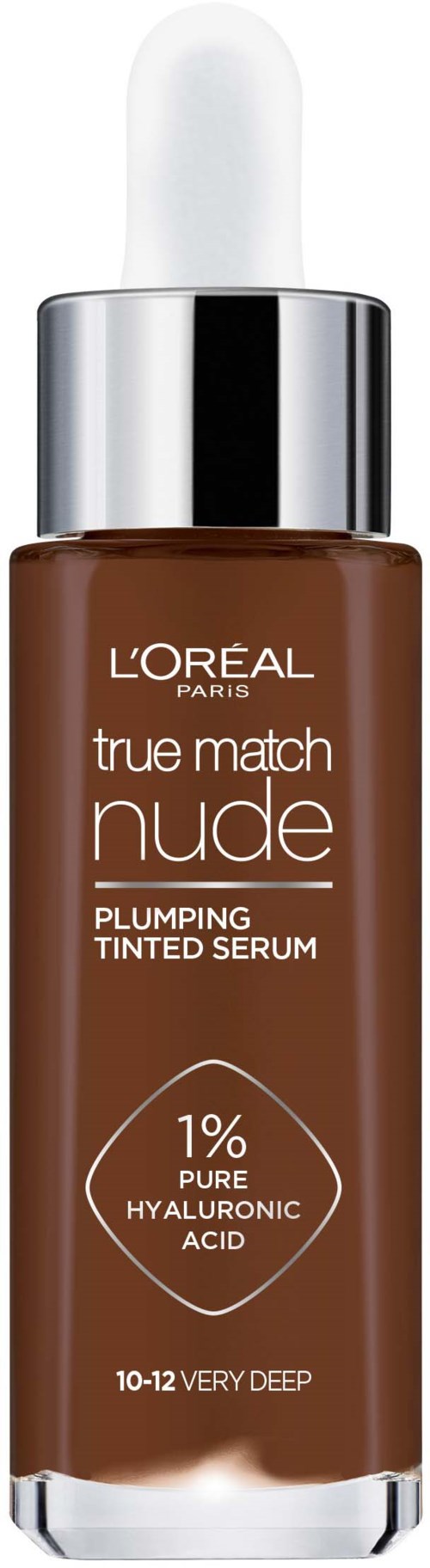 Ruskea seerumin pullo, jossa valkoinen tiputussuppilo, L'Oréal True Match Nude täyteläinen sävyttävä seerumi, 1% hyaluronihappoa.
