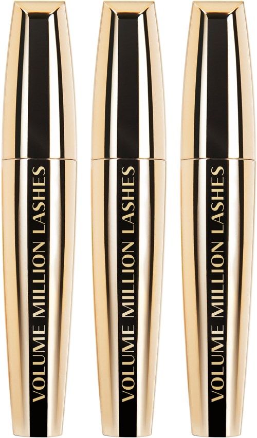Three mascara tubes with black, gold, and white colors. They have "VOLUME MILLION LASHES" written on them.