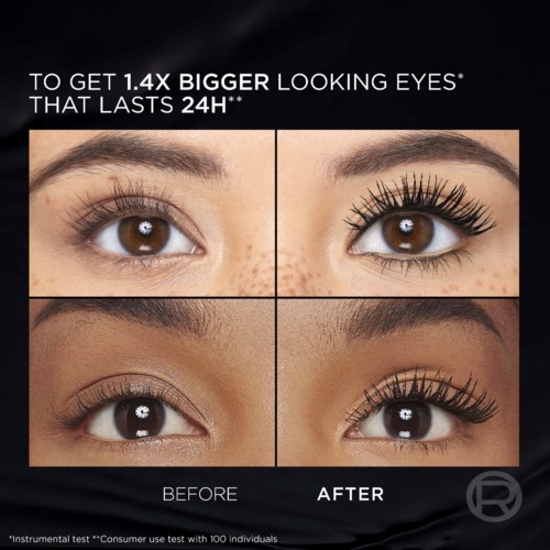 Four eyes showing before and after eye makeup with longer, fuller lashes that last 24 hours.