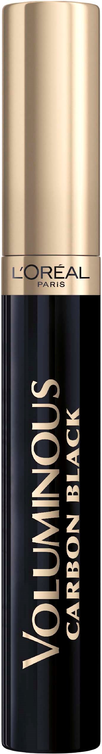 Ein schwarzer und goldener Wimperntusche-Stift von L'Oréal mit 'Voluminous Carbon Black'.