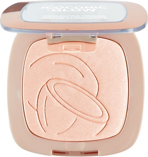 En kompakt blush med et planetdesign præget på en lys pink overflade.