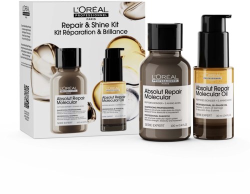 L'Oreal Repair & Shine Kit sisältää kolme pulloa hiusten korjaustuotteita, jotka on merkitty molekyyliraksi ja öljyksi.