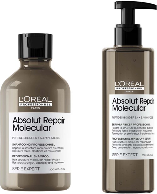 To hårpleieprodukter fra L'Oréal, en sjampo og en serum, i brune flasker med hvite etiketter.