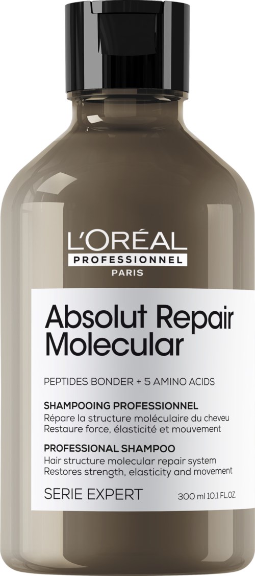 En grå flaske med svart lokk, merket 'L'Oréal Professionnel,' inneholder 'Absolute Repair Molecular' sjampo for hårreparasjon.