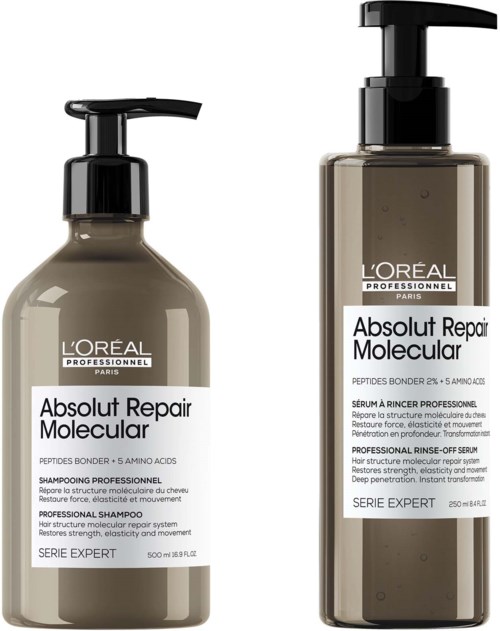 To hårpleie-sjampoer med svarte pumpesystem, merket Authentic Repair og Absolute Repair Molecular.