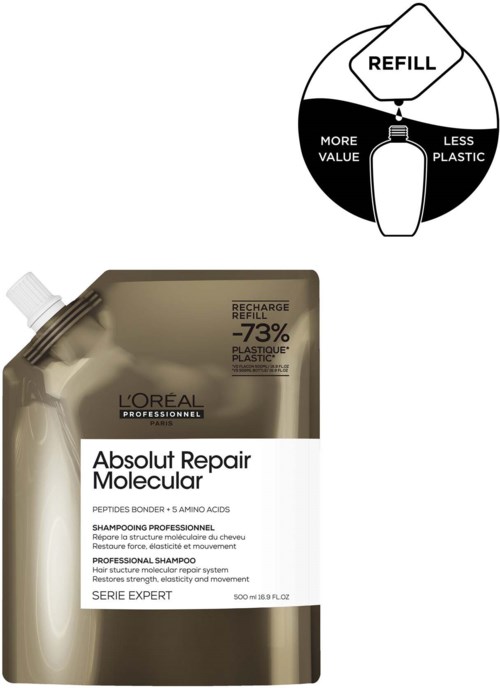 En påfyllingspose for sjampo fra L'Oréal, merket 'Absolute Repair Molecular', med en diagram som viser mindre plast og mer verdi.