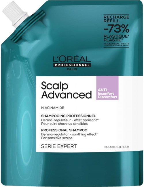 En blåfarget påfyllingspose for L'Oreal sjampo som er for sensitiv hodebunn og reduserer plastavfall.