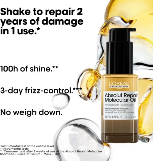 L'Oréal schampo-flaska med text om att reparera skada, glans, frizzkontroll och utan att tynga ned.