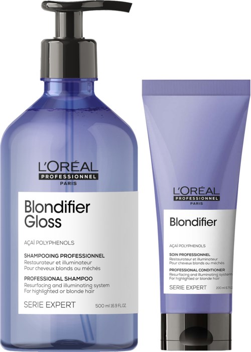 Blue shampoo and conditioner bottles from L'Oréal, labeled for blonde hair and professional use.