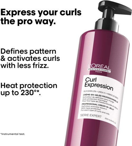 A bottle of L'Oreal professional curl cream shows its benefits for defining and protecting curls.