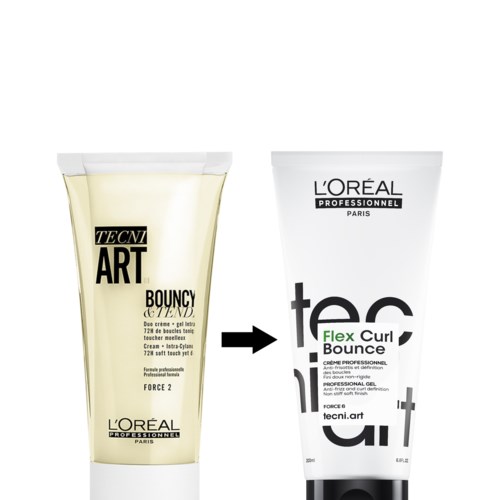 Zwei Haargels, eines mit TECNI ART BOUNCY CURL, das andere mit L'Oreal Flex Curl Bounce.