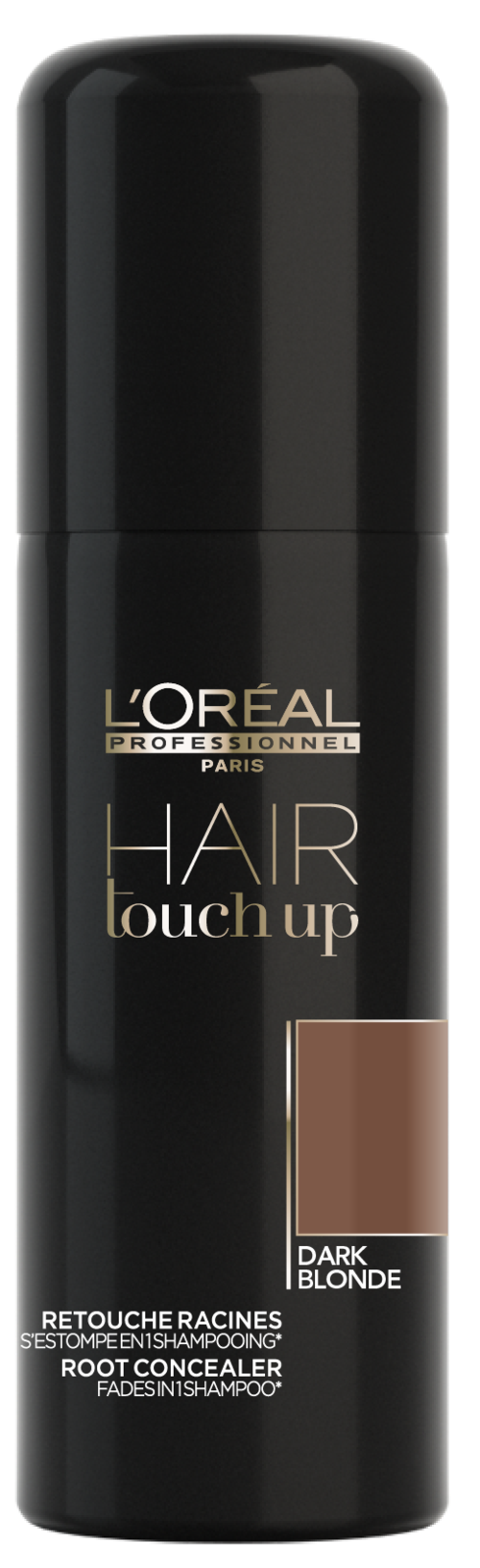 En svart flaska med L'Oréal Hair Touch Up-spray för mörkblond hår.