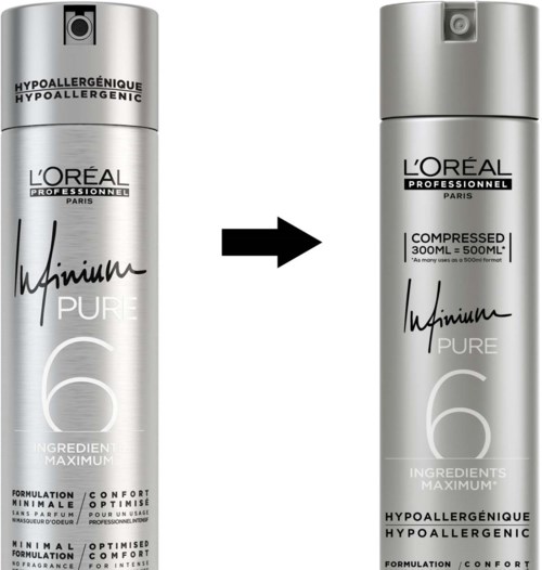 Two silver bottles of L'Oréal shampoo, one before and one after, showing different labels and capacities.