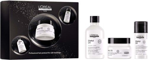 L'Oréal Professional hiustenhoitotuotteita mustavalkoisessa pakkauksessa, sisältää pulloja ja rasioita päänahan ja hiusten hoitoon.