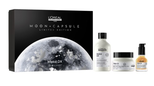 L'Oréal-huoltotuotesarja nimeltä Moon Capsule Metal DX, sisältää kolme tuotetta ja mustan pakkauksen kuulla.