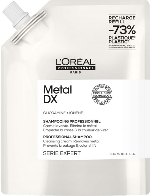 L'Oréal Metal DX -täyttöpakka shampoo, joka poistaa metallia hiuksista, 73 % muovin vähennys. 500 ml.