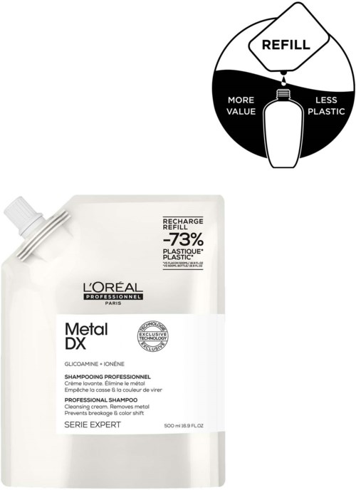 Täyttöpussi L'Oréal Metal DX -shampoolle, jossa on kaavio ympäristöystävällisistä eduista, kuten vähemmän muovia ja enemmän arvoa.
