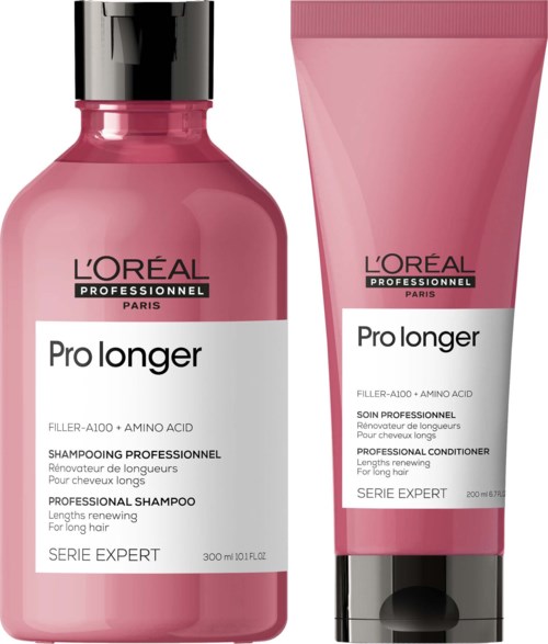 To lyserøde hårplejeprodukter: en shampoo og en balsam fra L'Oréal Pro Longer-serien.